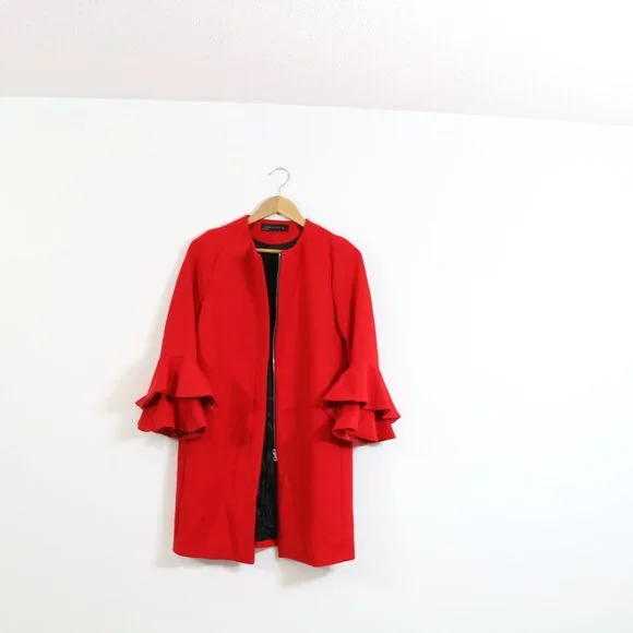 *Zara Red Coat with Ruffle Sleeve - Picture 2 of 7